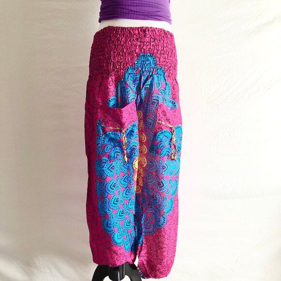 “Leela” Shirred Waist Harem Pants Rangoli Pattern One Size Pink or Navy Blue - Picture 2 of 11